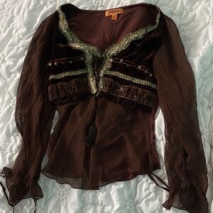 Lucy Elegant Brown Sheer Blouse with Lace Accents